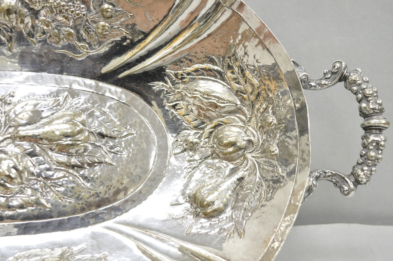 Antique Victorian Silver Plated Fruit Harvest Repousse Centerpiece Fruit Bowl