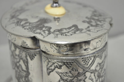 Antique Victorian Silver Plated Etched Footed Hinged Biscuit Barrel Jar on Stand