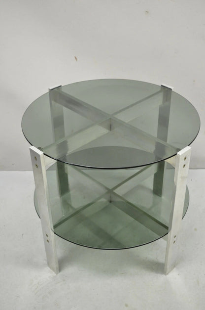Vintage Mid Century Modern Round Smoked Glass 2 Tier Aluminum Base Side Table