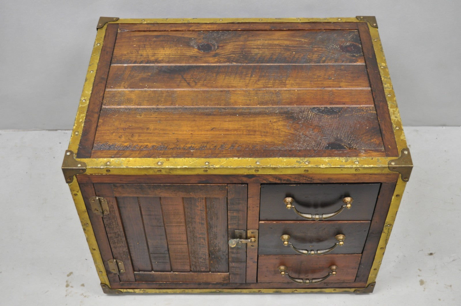 Habersham Wooden Plantation Campaign Trunk Style Side Coffee Table w/ Brass Trim