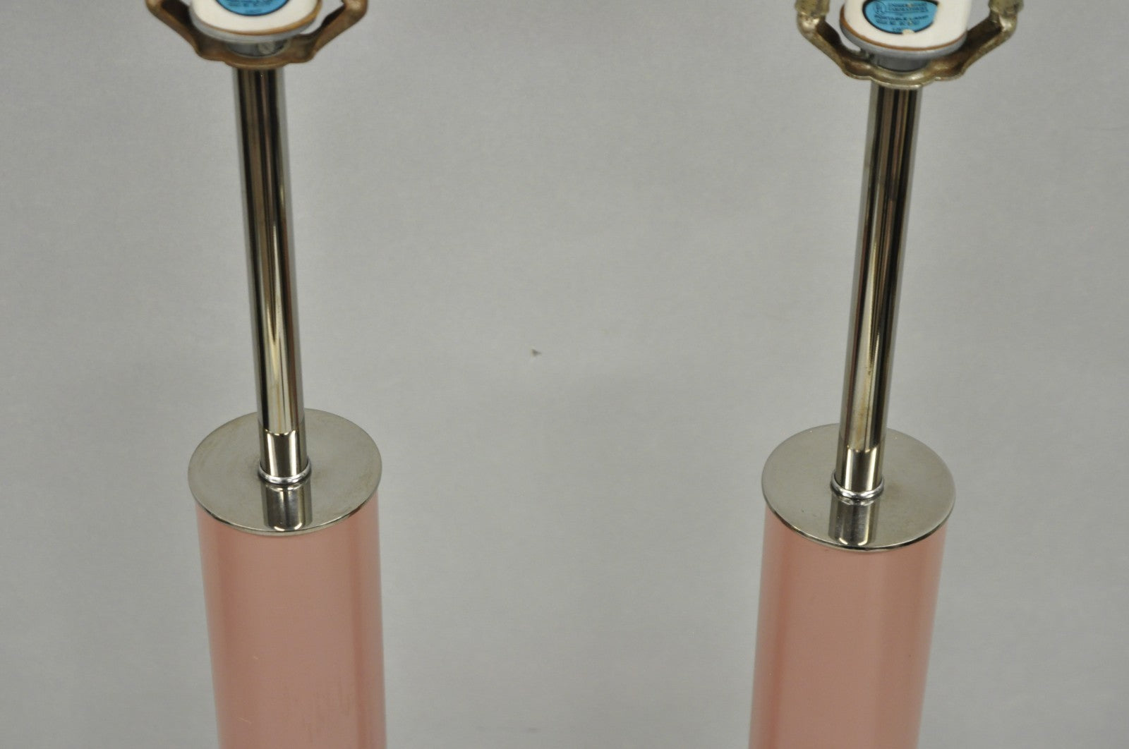 Mid Century Modern Bubble Gum Pink Cylinder Column Chrome Table Lamp - a Pair