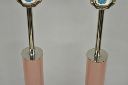 Mid Century Modern Bubble Gum Pink Cylinder Column Chrome Table Lamp - a Pair