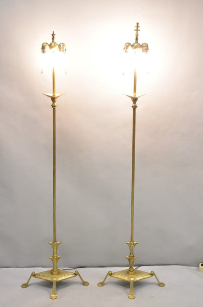 Antique Giacometti Style Brass Bronze Fleur de Lis Gothic Pole Floor Lamp - Pair