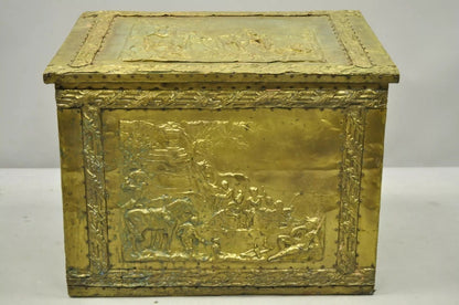 Antique Victorian Embossed Brass Fireplace Log Box Coal Box with Country Scenes