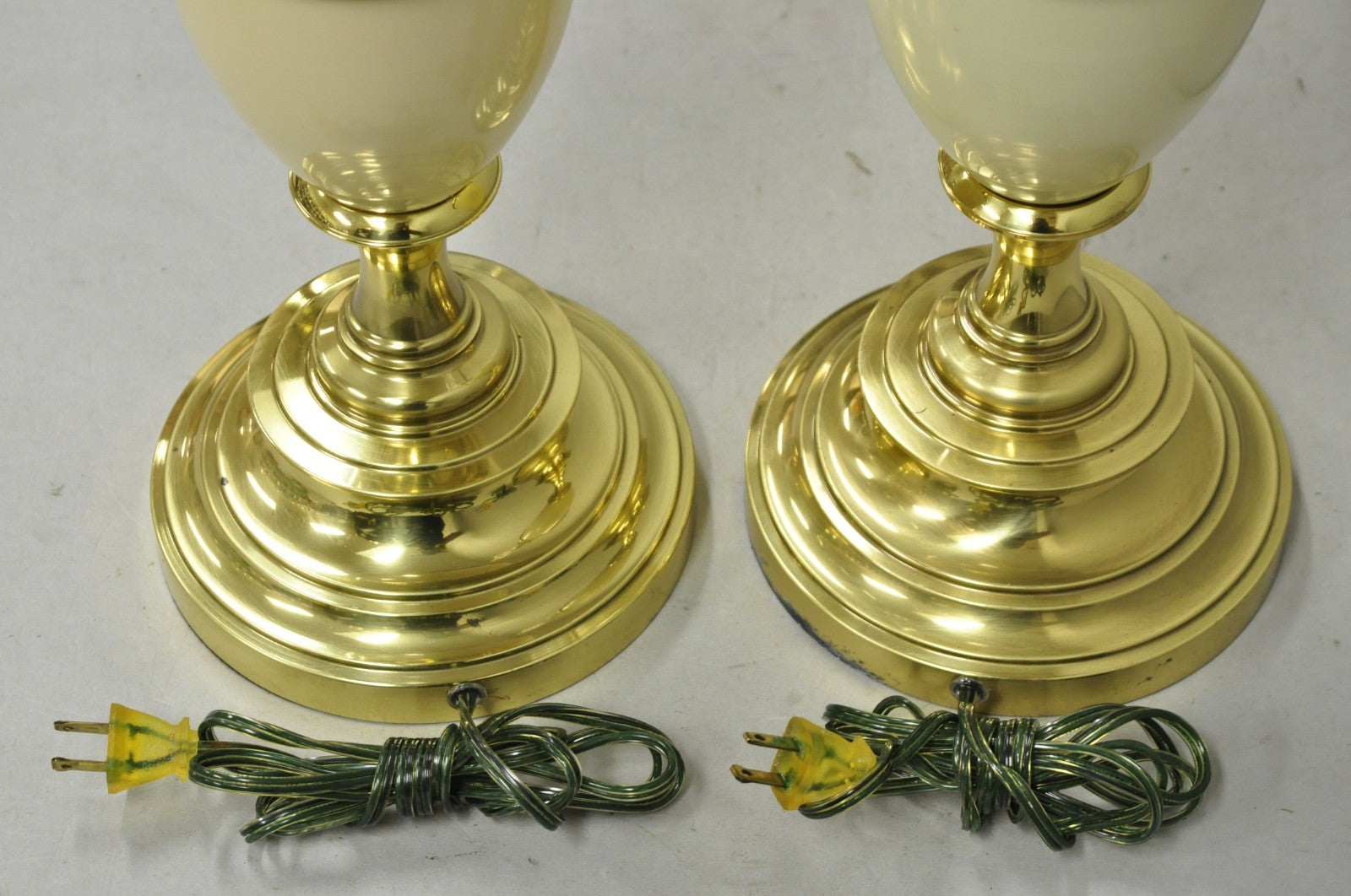 Vintage Stiffel Hollywood Regency Cream Enamel Brass Urn Table Lamps - a Pair