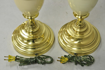 Vintage Stiffel Hollywood Regency Cream Enamel Brass Urn Table Lamps - a Pair