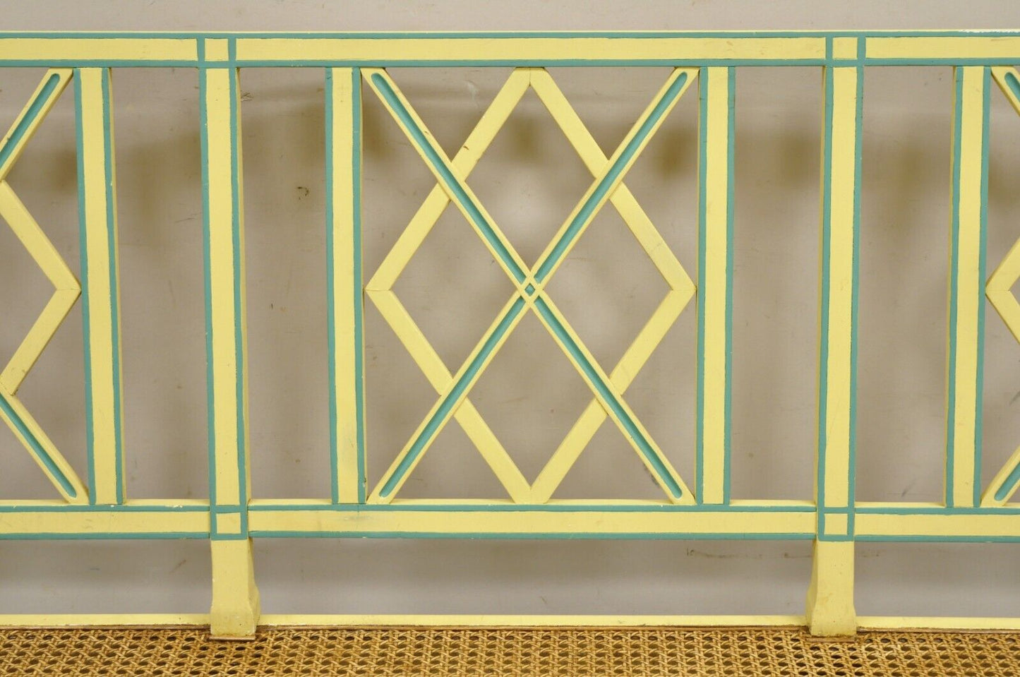 Vintage Italian Neoclassical Yellow Painted Cane Seat Fretwork Settee Bench