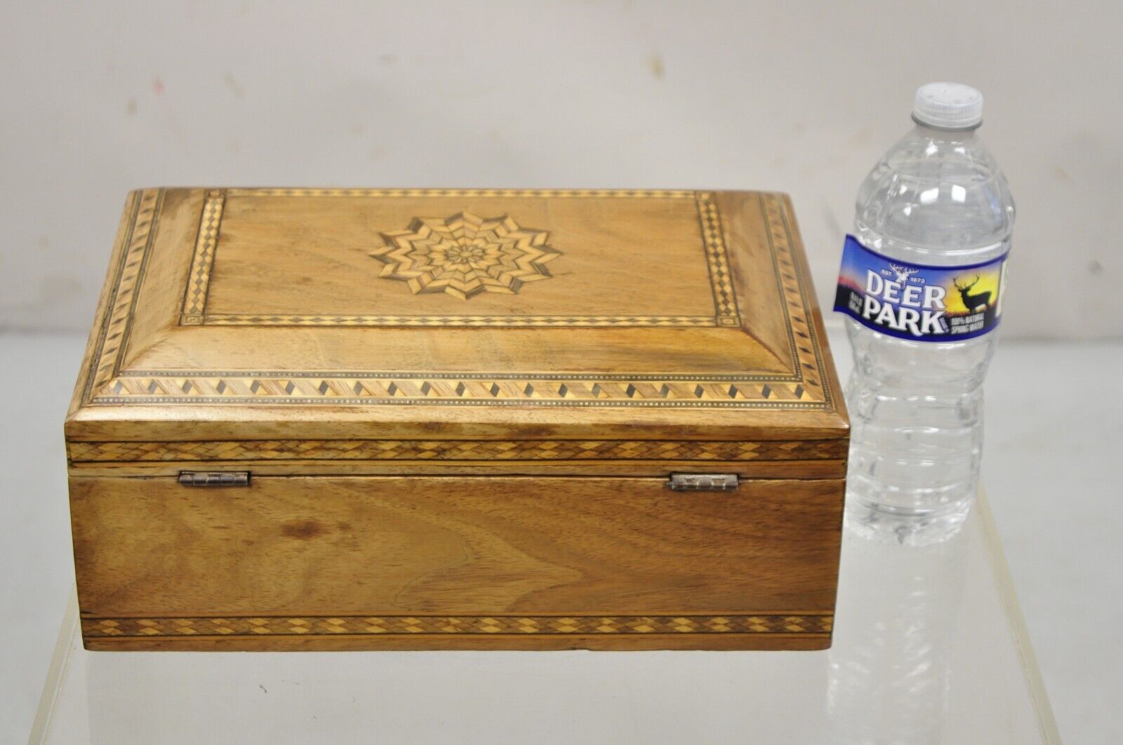 Antique English Marquetry Inlaid Wood Large Tea Caddy Lined in Metal Desk Box