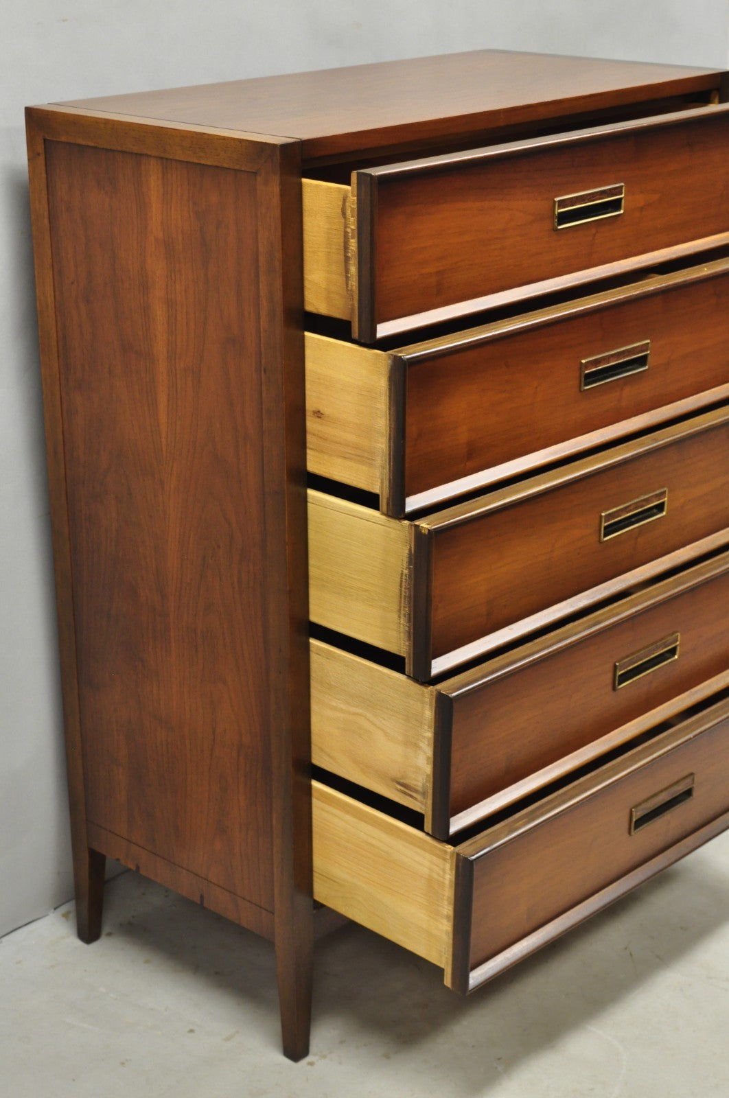 Vintage Drexel Mid Century Modern Walnut 5 Drawer Tall Chest Dresser Highboy