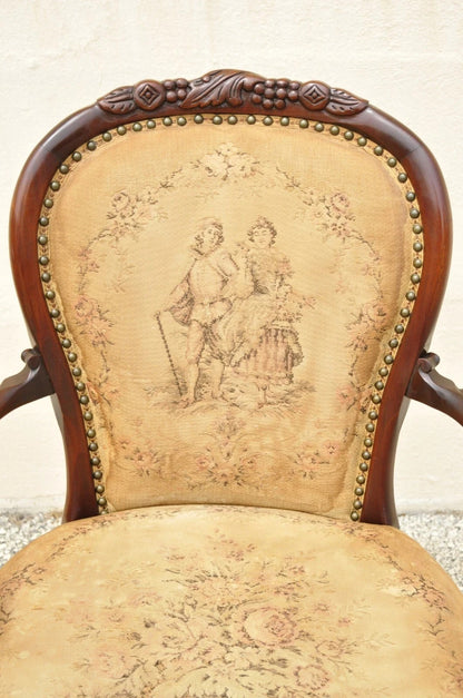 Vintage French Victorian Style Carved Mahogany Frame Lounge Parlor Arm Chair