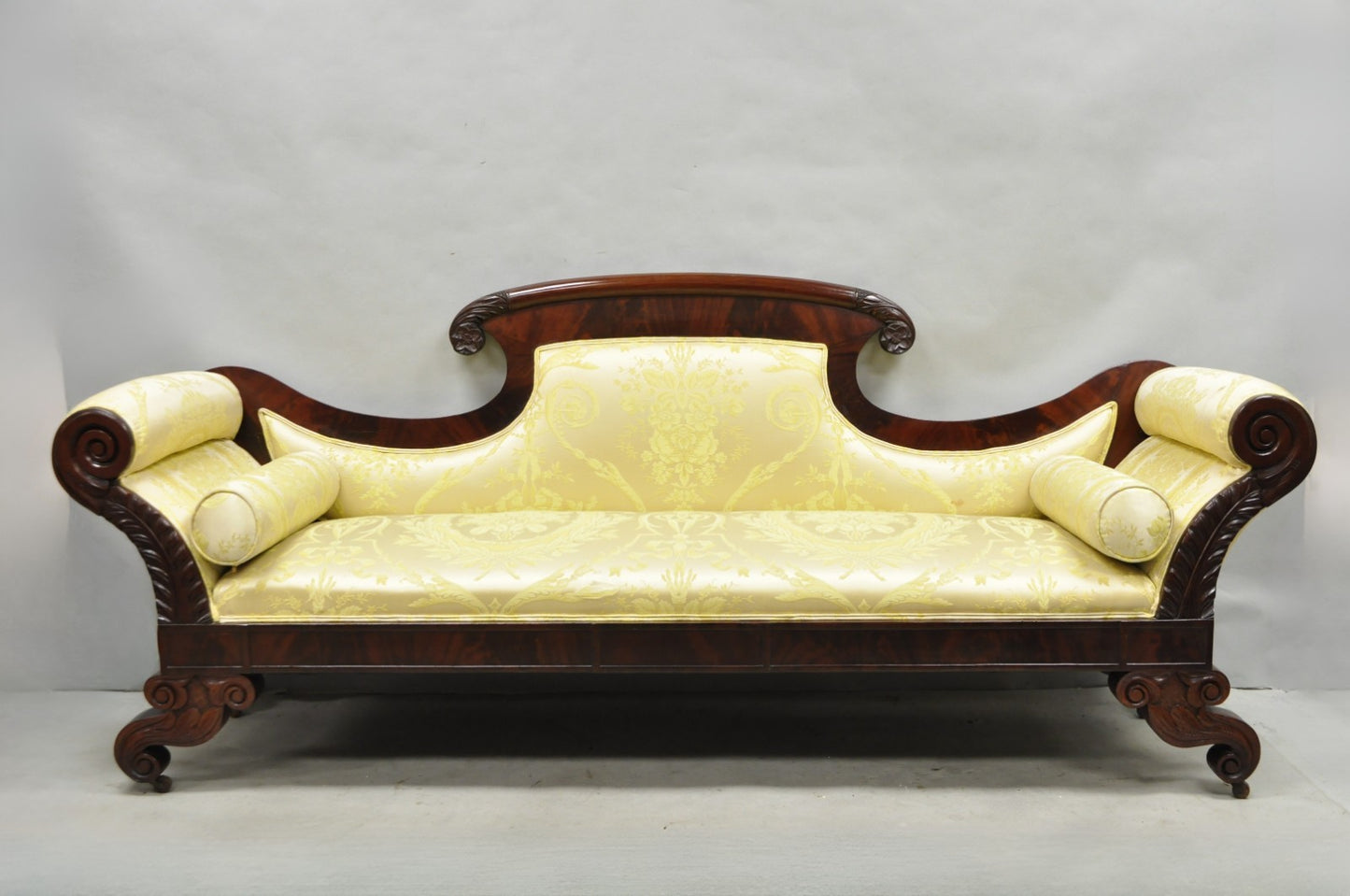 Antique American Empire Neoclassical Carved Mahogany Sofa with Gold Fabric