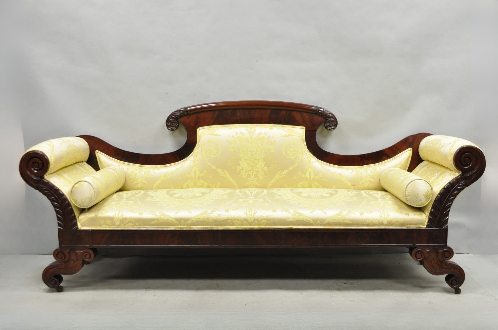 Antique American Empire Neoclassical Carved Mahogany Sofa with Gold Fabric