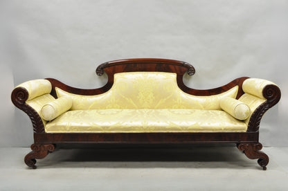 Antique American Empire Neoclassical Carved Mahogany Sofa with Gold Fabric