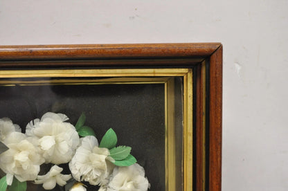 Antique Victorian White Feather Floral Mourning Wreath Mahogany Wood Shadow Box