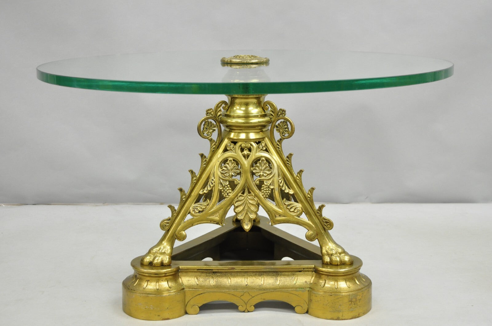 French Empire Renaissance Bronze Paw Foot Pedestal Base Round Glass Coffee Table