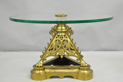 French Empire Renaissance Bronze Paw Foot Pedestal Base Round Glass Coffee Table