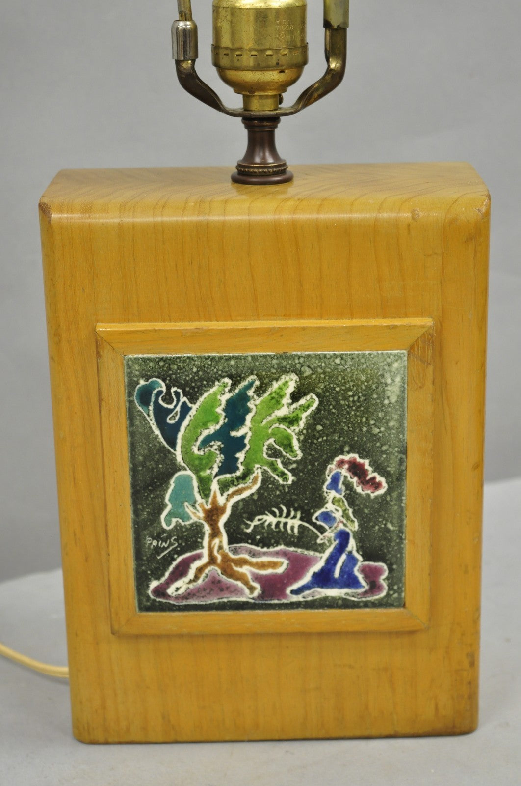 Vintage J. Warner Prins Tile Mid Century Modern Cerused Wood Small Table Lamp