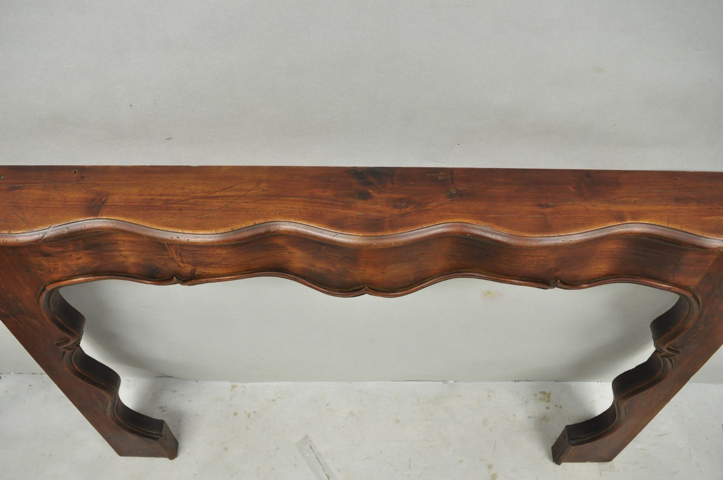 Antique Italian Provincial Carved Serpentine Scalloped Walnut Fireplace Mantel