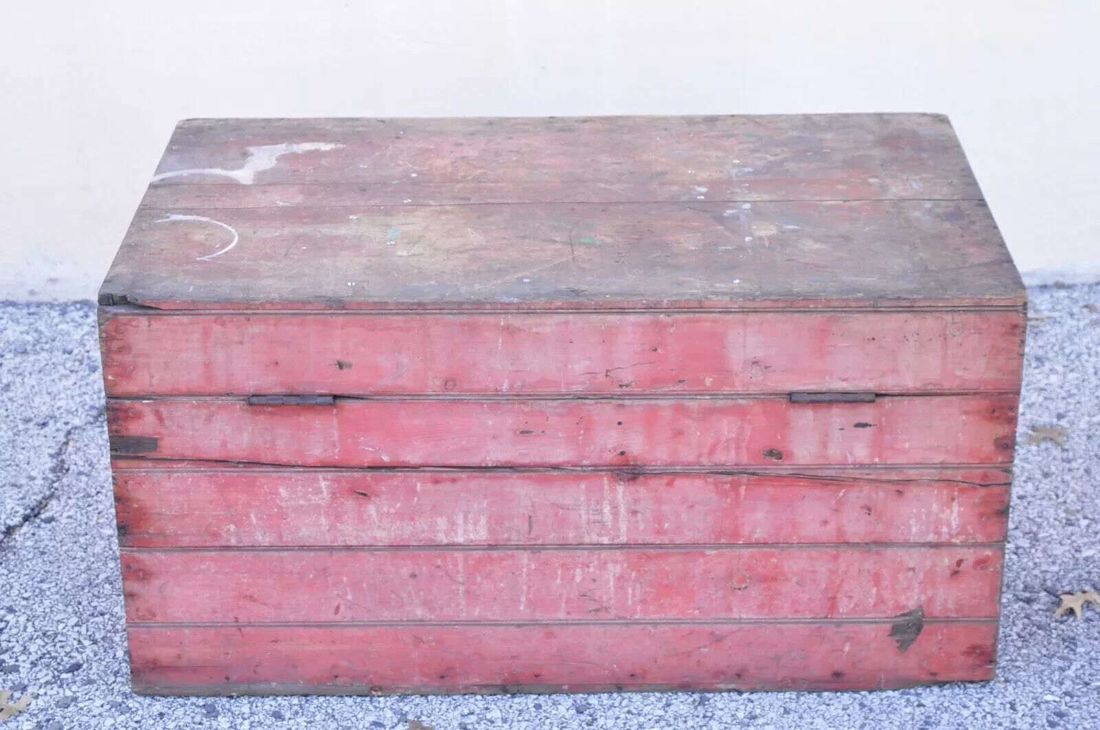 Antique Primitive Country Red Distress Painted Wood Treasure Blanket Chest Trunk