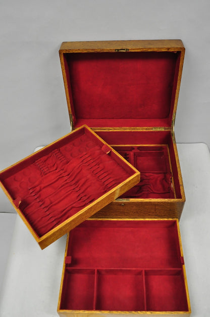 Antique Arts & Crafts Quartersawn Oak Fitted Silverware Case Flatware Chest Box