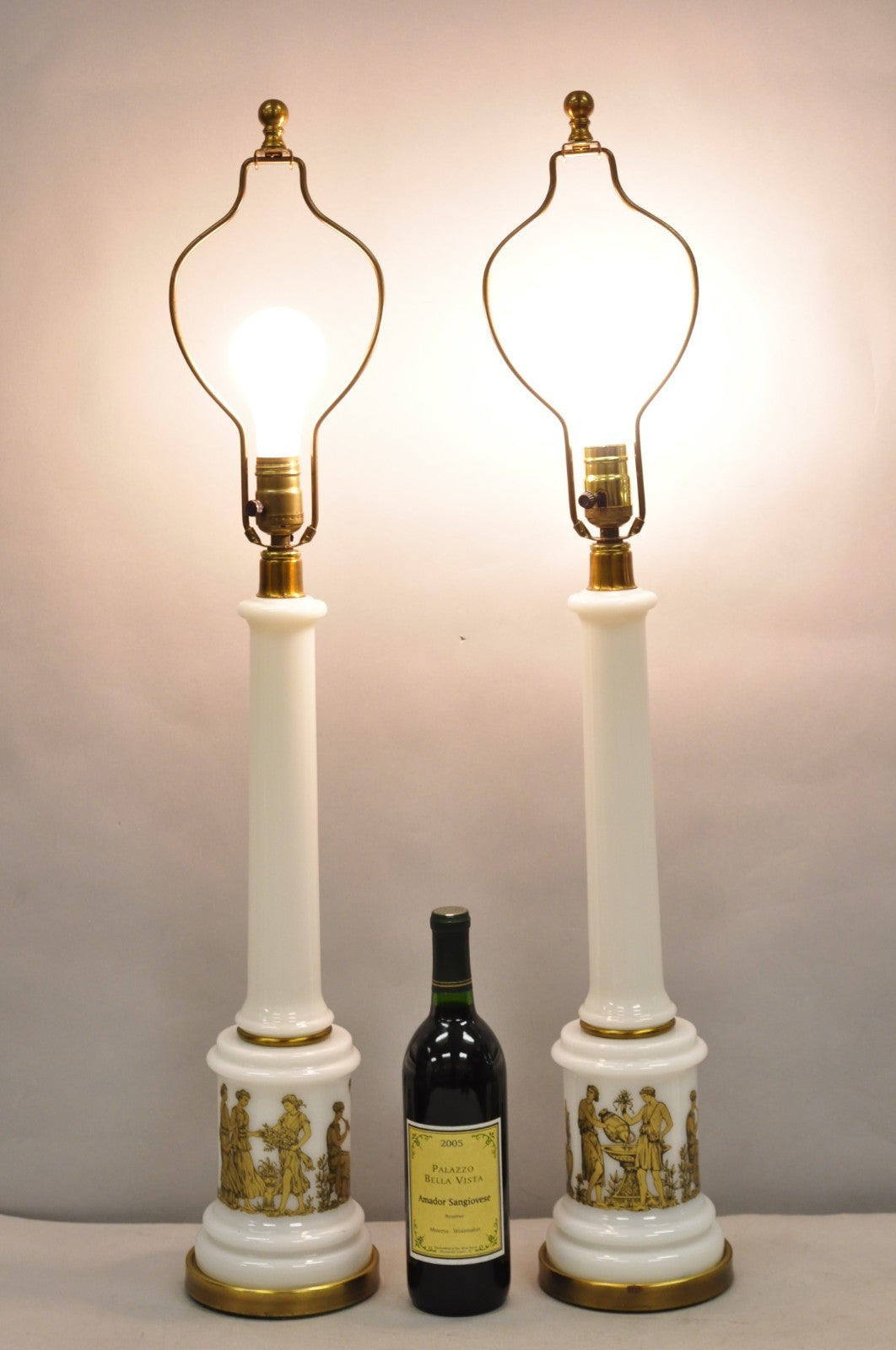 Vintage Italian Neoclassical White Milk Glass Empire Column Table Lamps - a Pair