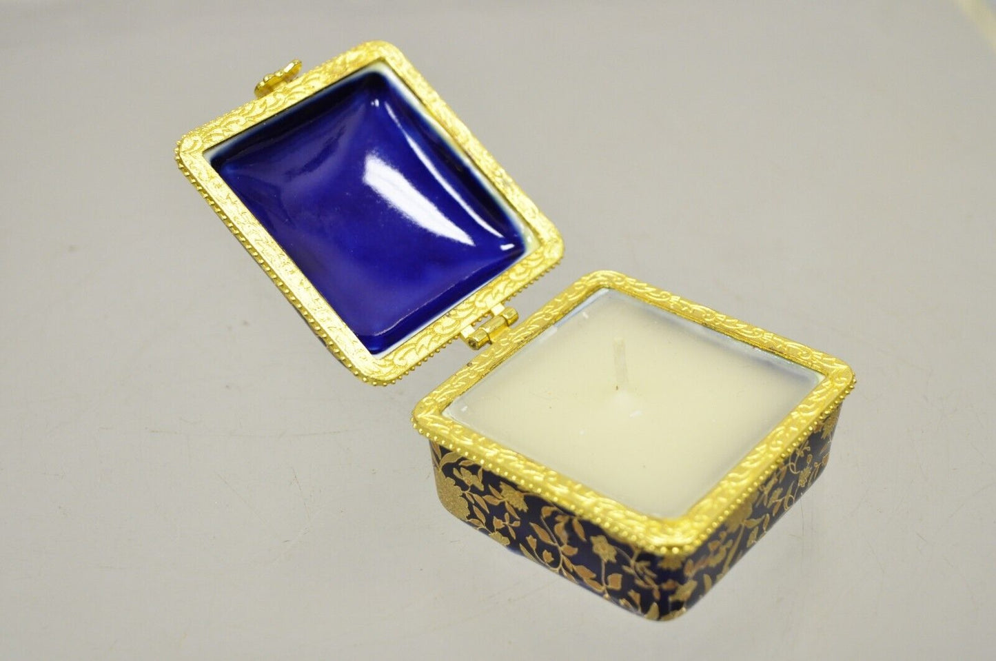 Cobalt Blue Porcelain Egg Gold Gilt Hinged Lid Candle Trinket Box - 2 Pcs