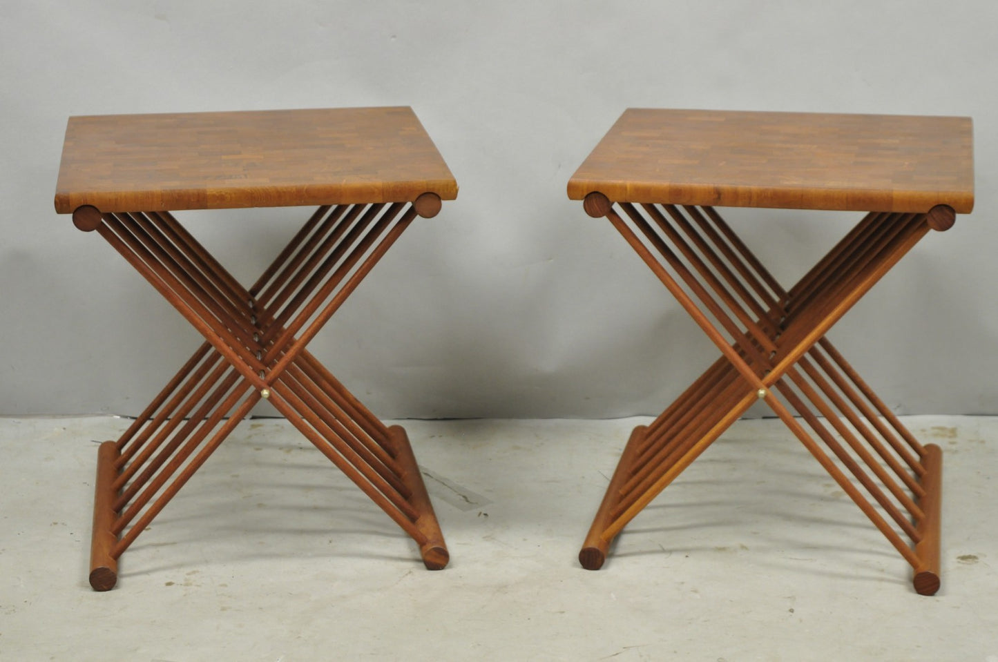 Mid Century Danish Modern Mandalay Teak Folding Campaign Style Side Tables Pair