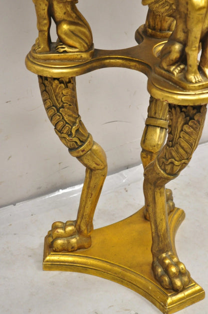 Egyptian Revival Gold Giltwood Marble Top Sphinx Pedestal Side Table Plant Stand