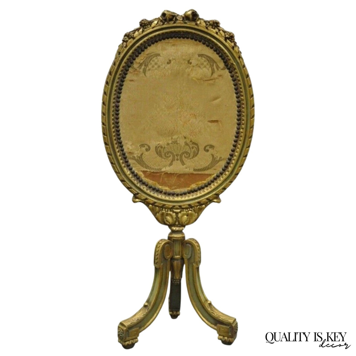 Antique French Louis XVI XV Carved Giltwood Green & Gold Oval Fireplace Screen