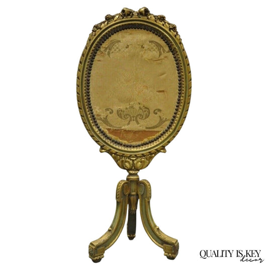 Antique French Louis XVI XV Carved Giltwood Green & Gold Oval Fireplace Screen