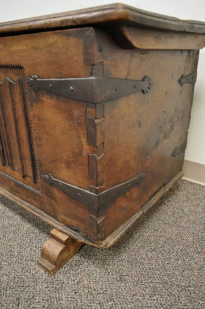 Antique 18th C. Gothic Renaissance Chestnut Large Coffer Blanket Chest Trunk