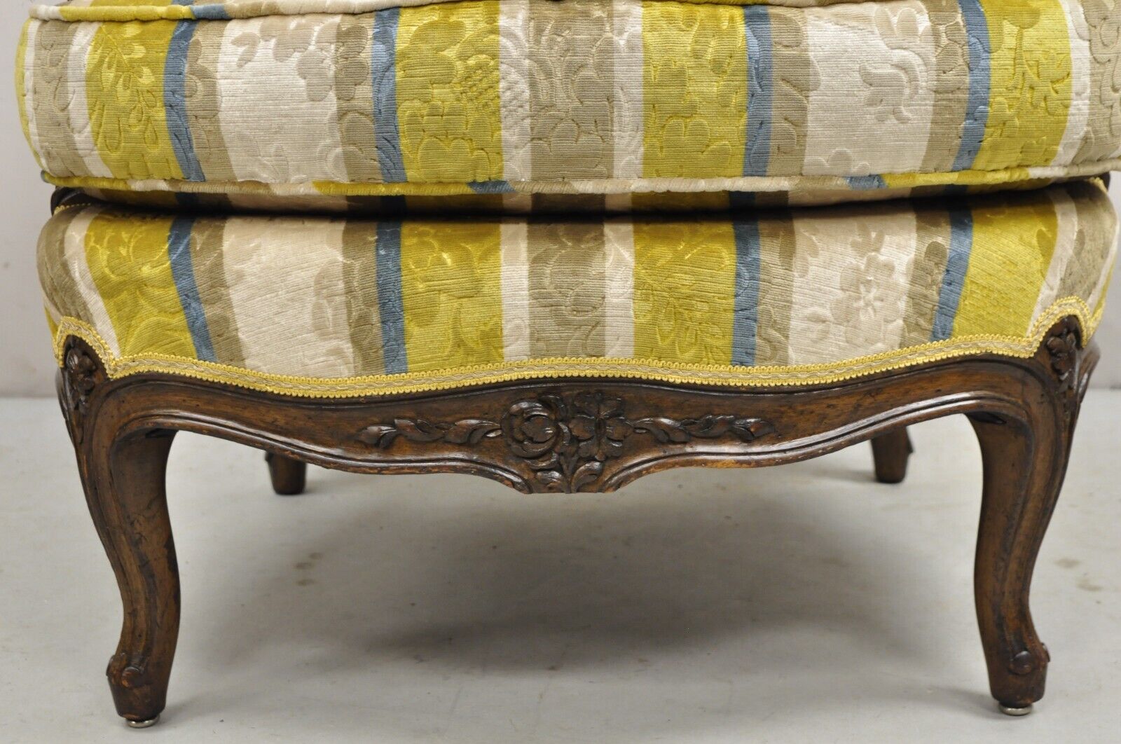Vintage French Louis XV Style Carved Walnut Upholstered Bergere Lounge Arm Chair