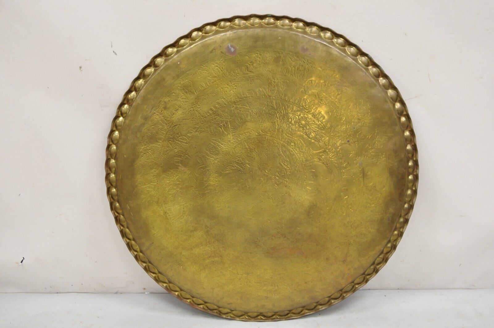 Vintage Moroccan Middle Eastern Large Brass Animal Engraved 46" Round Tray Top