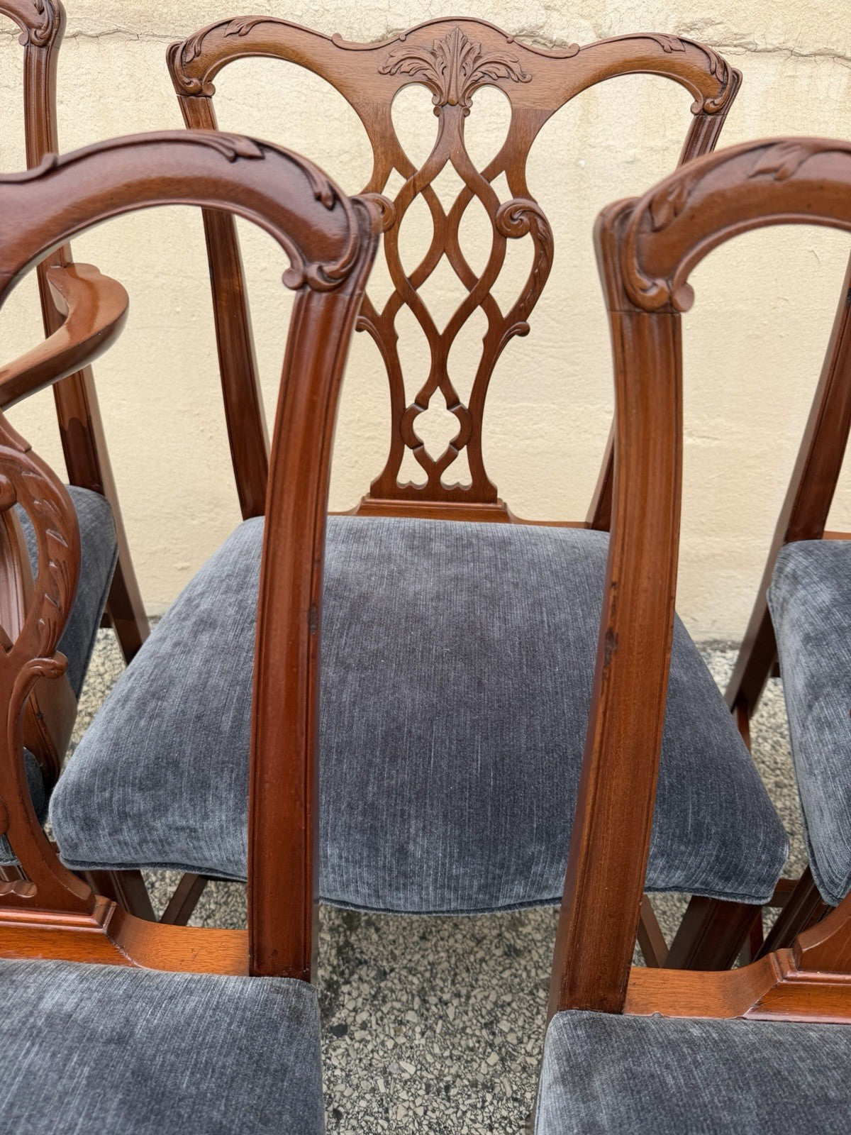 Antique Chippendale Style Mahogany Carved Fretwork Dining Chairs - Set of 10