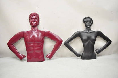 Vintage Art Deco Style Male & Female Couple Red & Black Torso Art Mannequins