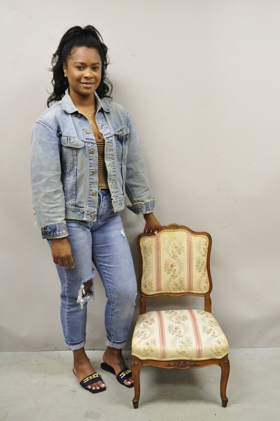 Vintage French Louis XV Style Small Boudoir Accent Side Chair w/ Pink Stripes