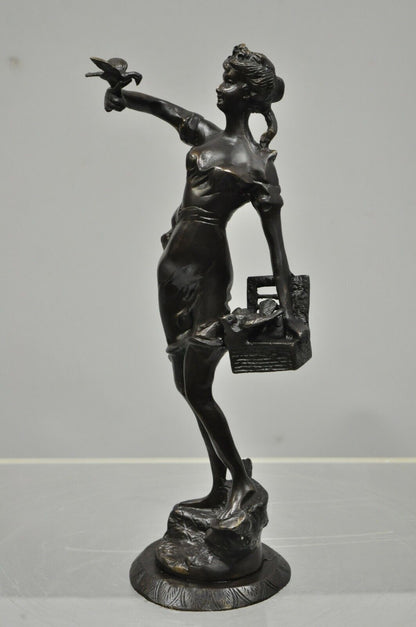 Bronze Sculpture Woman w/ Birds & Basket 15" Statue Figure After Emile Guillemin