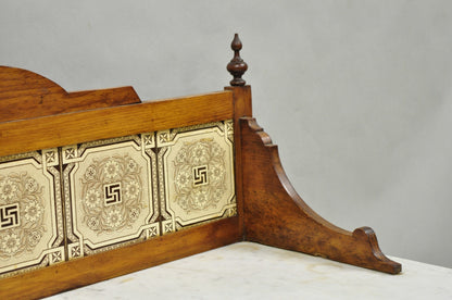 Antique Victorian Walnut Marble Top Washstand Good Luck Swastika Tile Backsplash