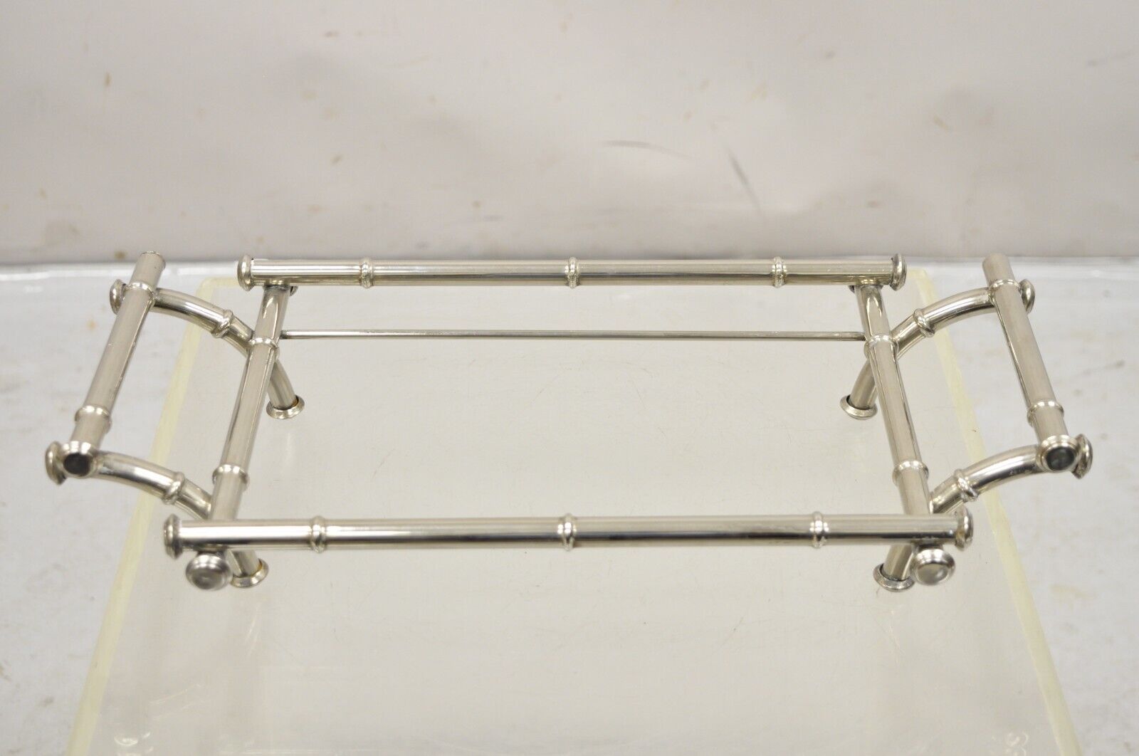 Vtg Italian Hollywood Regency Faux Bamboo Silver Plated Serving Platter Stand
