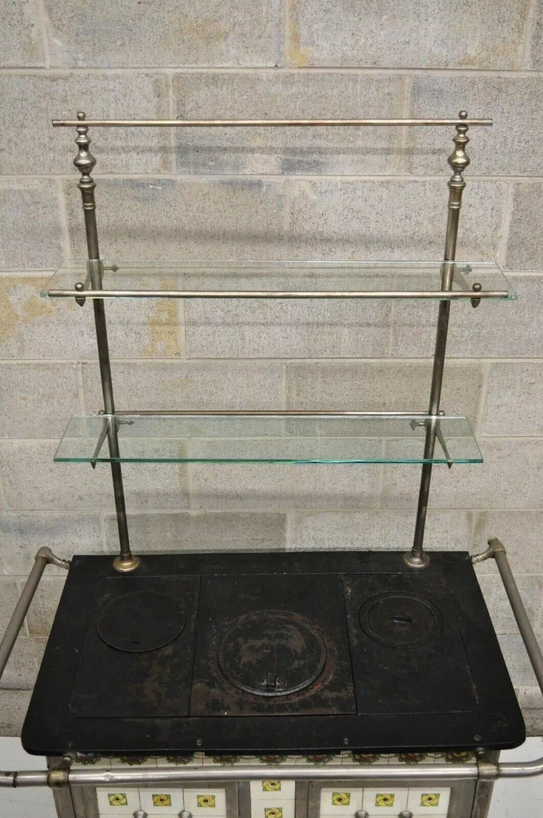 European French or Belgium Cast Iron Art Nouveau Tile Wood Coal Burning Stove