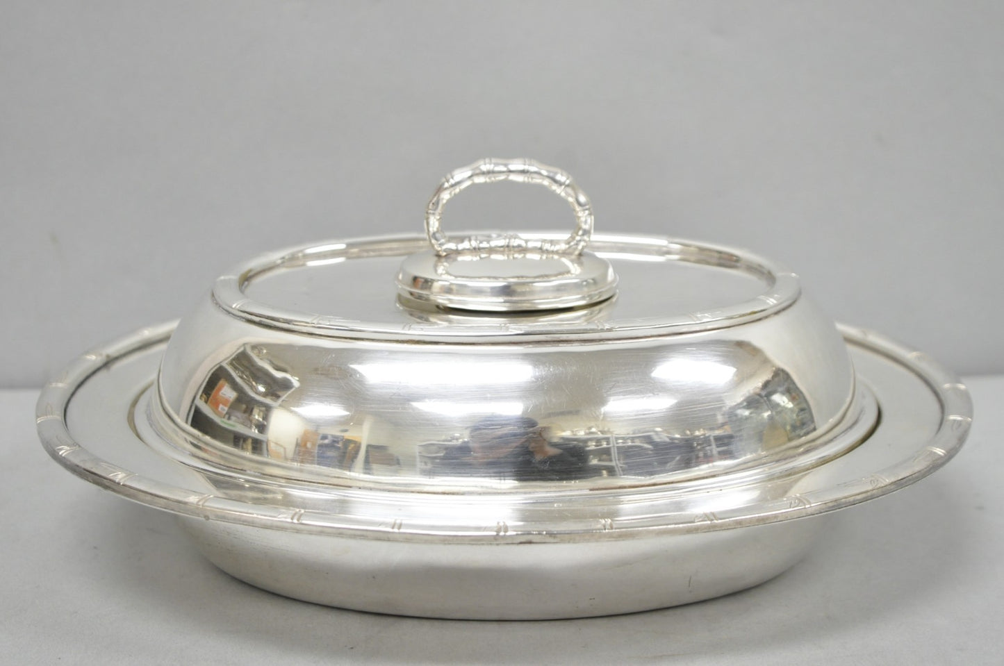 Vintage Hollywood Regency Silver Plated Faux Bamboo Oval Vegetable Serving Dish