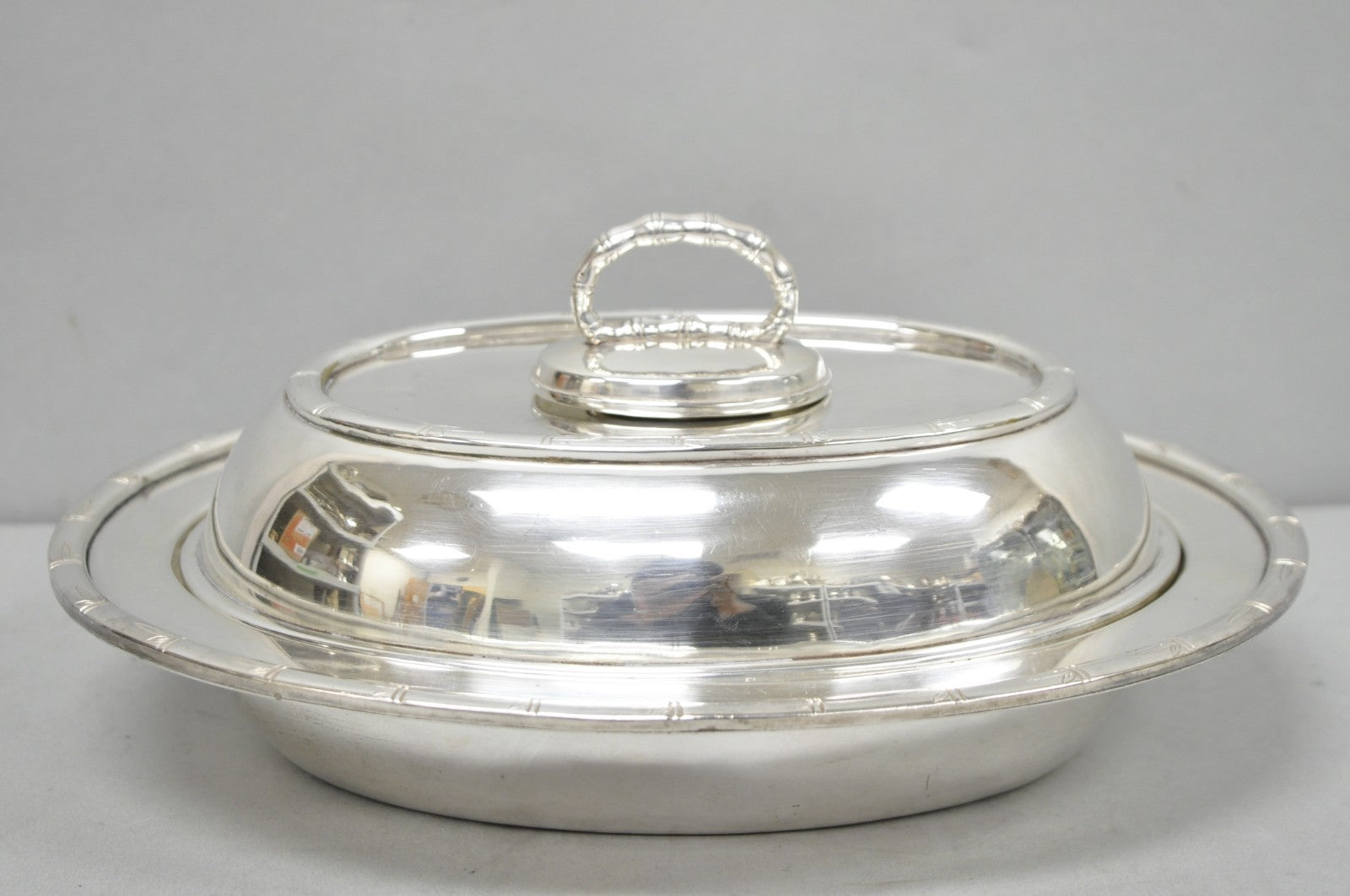 Vintage Hollywood Regency Silver Plated Faux Bamboo Oval Vegetable Serving Dish