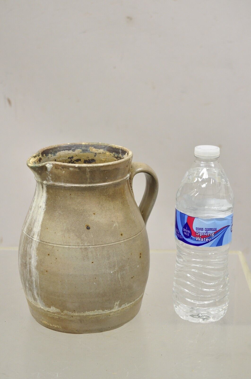 Antique Stoneware Salt Glazed 8" Tall Water Pitcher Bulbous Form