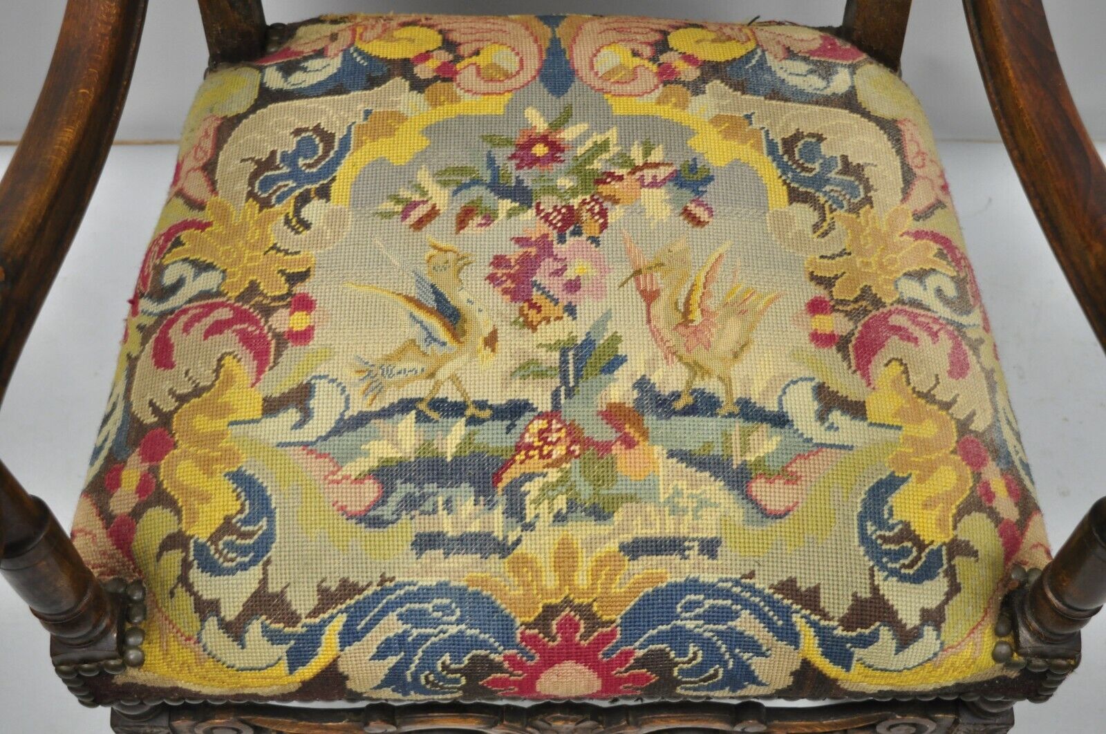 19th C. French Renaissance Needlepoint Upholstery Carved Walnut Throne Arm Chair