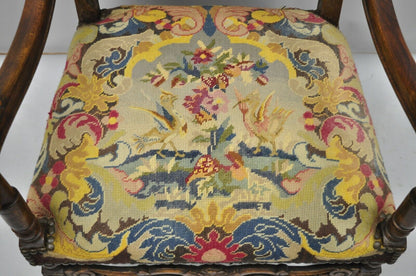 19th C. French Renaissance Needlepoint Upholstery Carved Walnut Throne Arm Chair