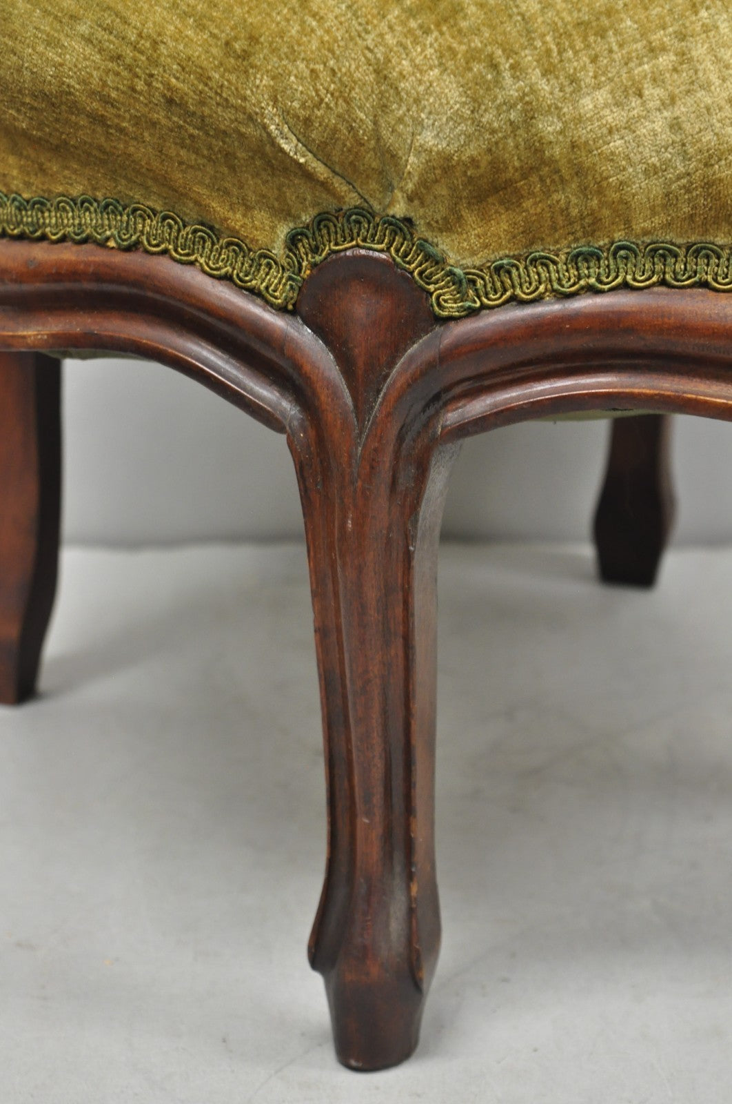 Antique Victorian Carved Mahogany Green Mohair Fabric Round Footstool Ottoman