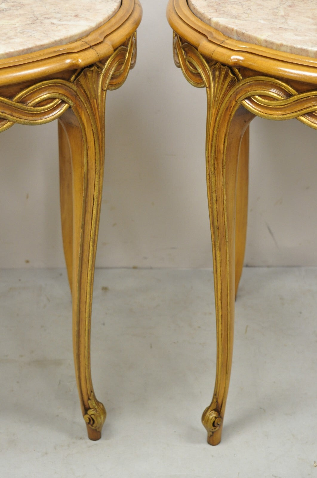 French Provincial Hollywood Regency Round Pink Marble Top Side Tables - a Pair