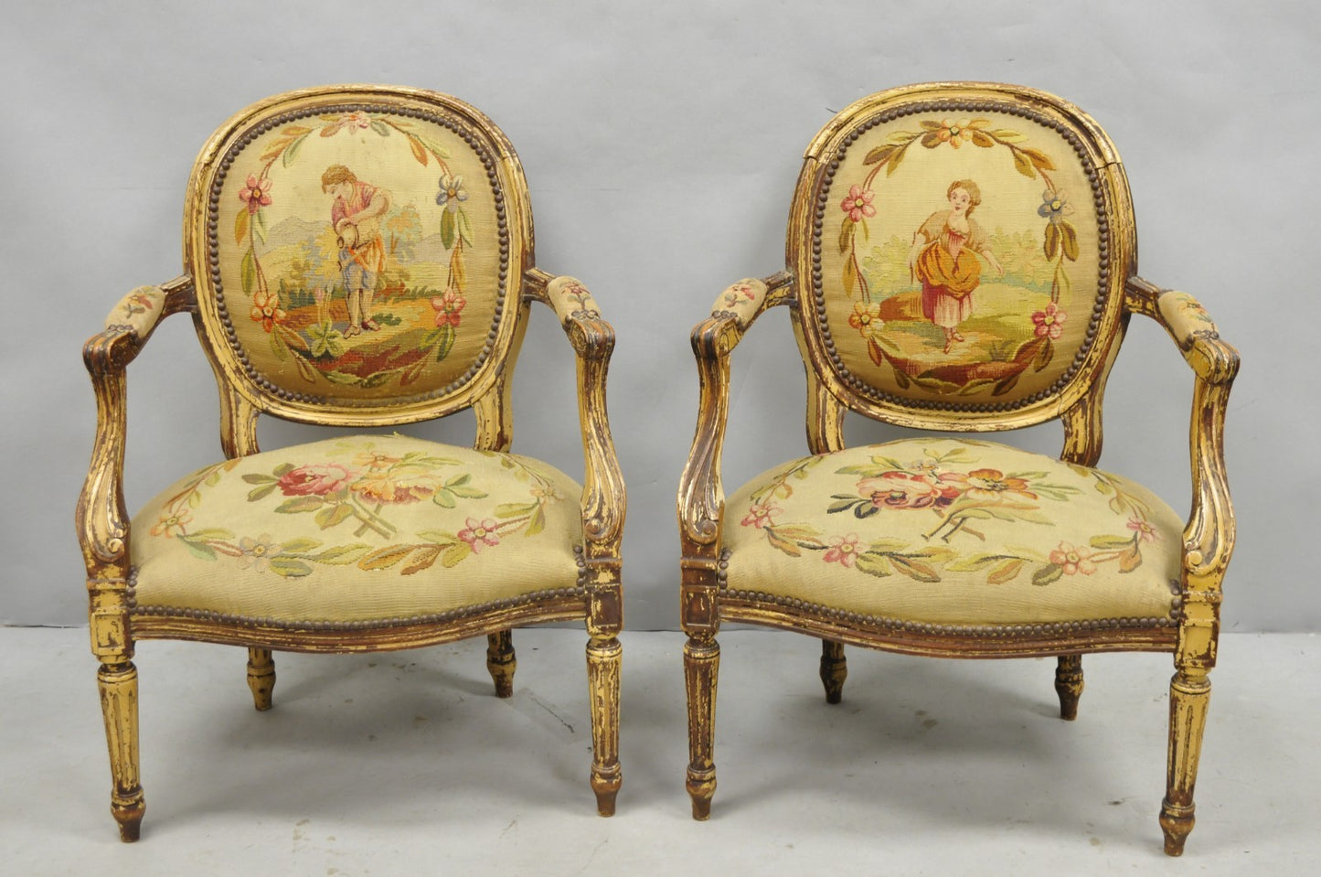 Antique French Louis XVI Style Aubusson Tapestry Fauteuil Arm Chairs - a Pair