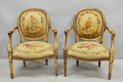 Antique French Louis XVI Style Aubusson Tapestry Fauteuil Arm Chairs - a Pair