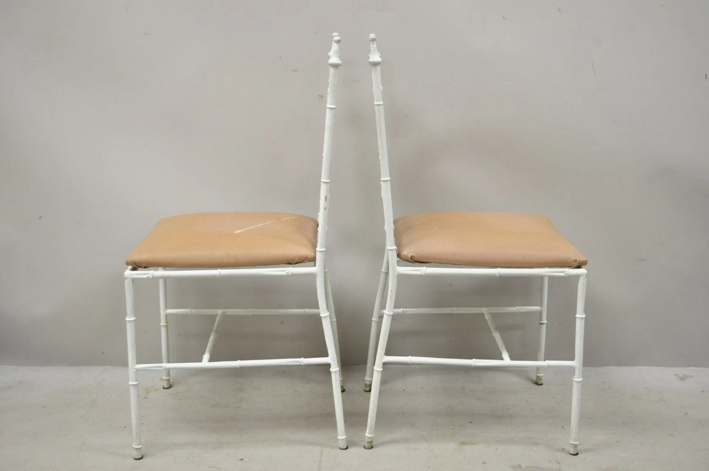 Vintage Italian Hollywood Regency White Faux Bamboo Metal Accent Side Chair Pair